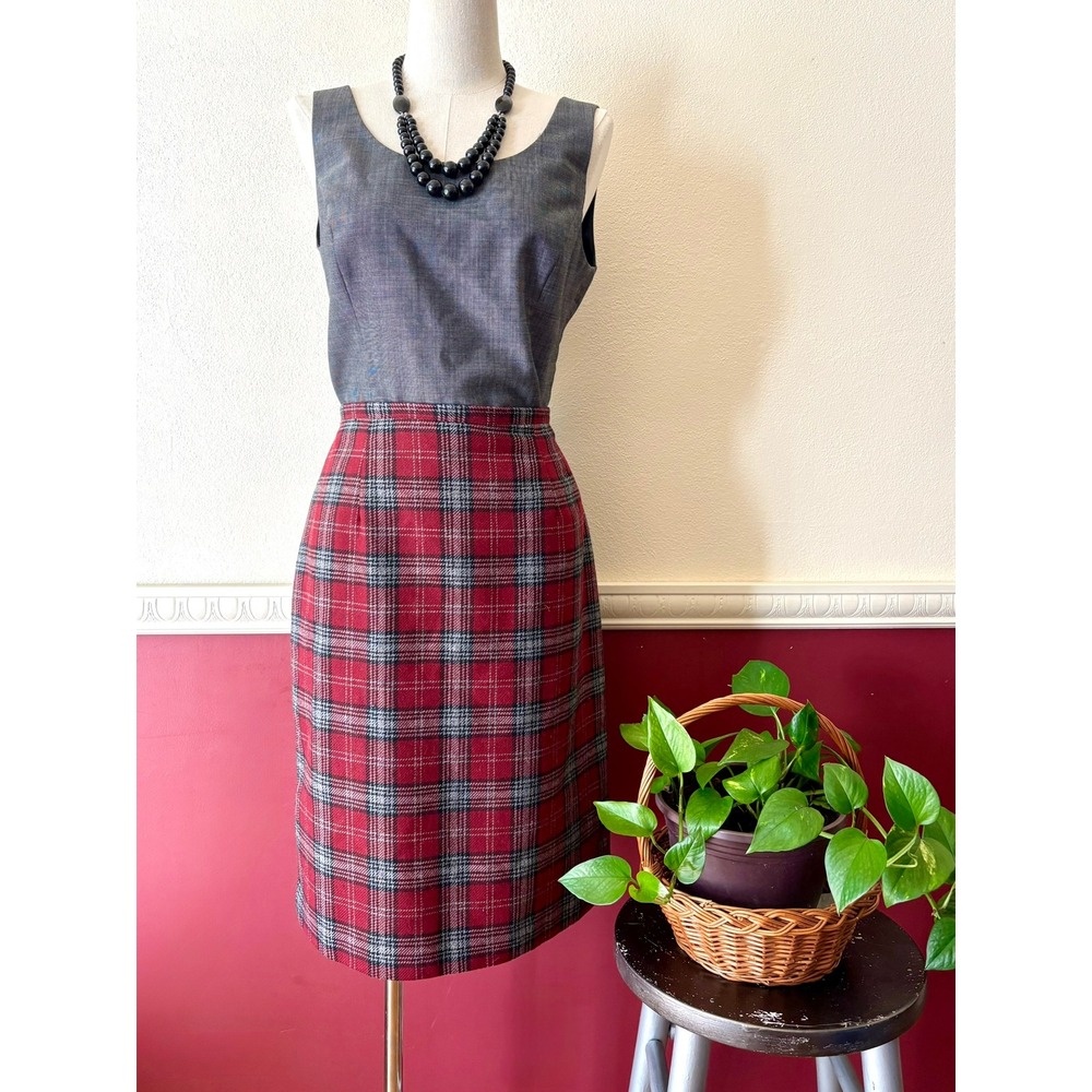 Vintage Y2K Hillard & Hanson Red Plaid Wool Blend Pencil Skirt 6 Academia Preppy